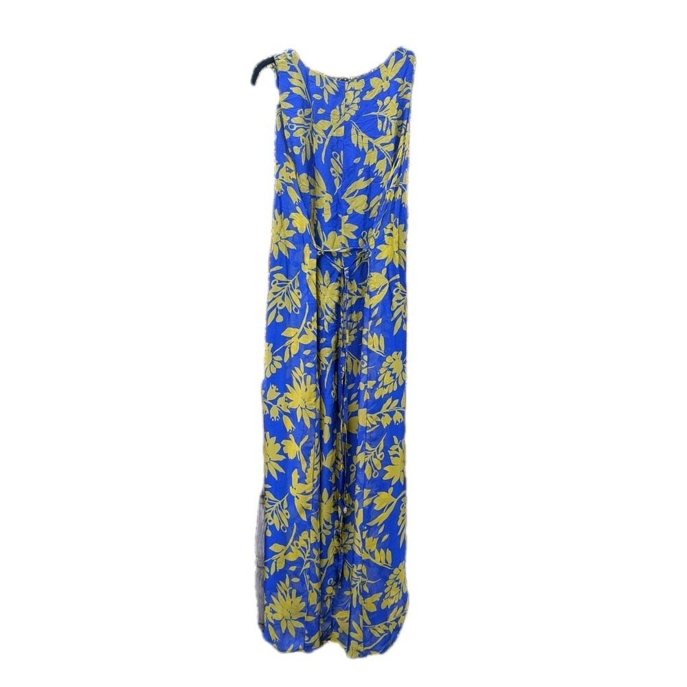 L Women Rosemarine Sleeveless Silk Blend Blue Yellow Floral Dress Maxi Flowy Tie - Picture 3 of 9